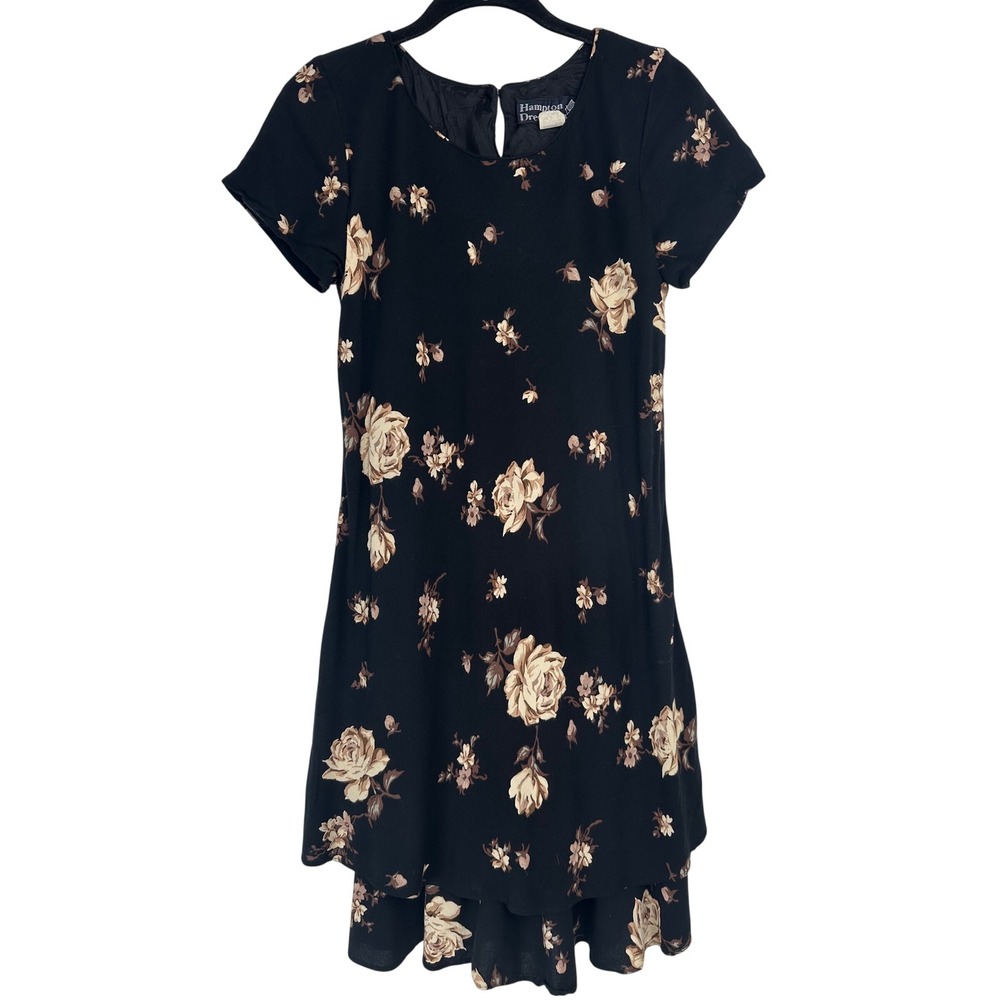 Hampton Dress Co Petite Vintage 90s Y2K Black Floral Whimsigoth Grunge Size 8